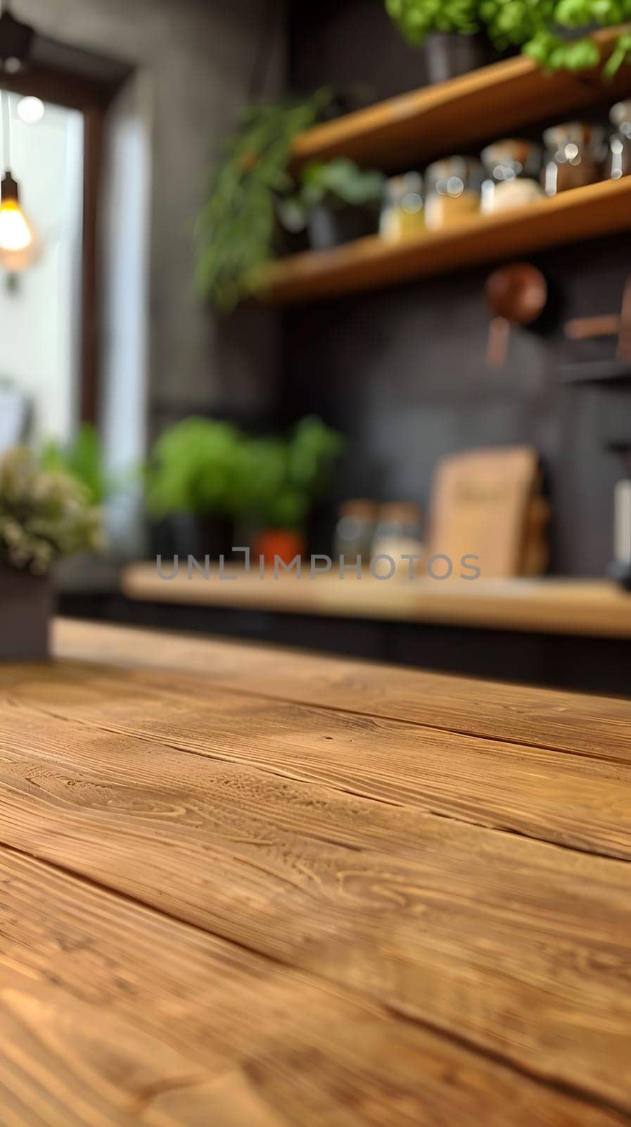 A brown wooden table in a kitchen with a blurred background, showcasing interior design with wood flooring, a plant, and wood stain on the rectangleshaped plank