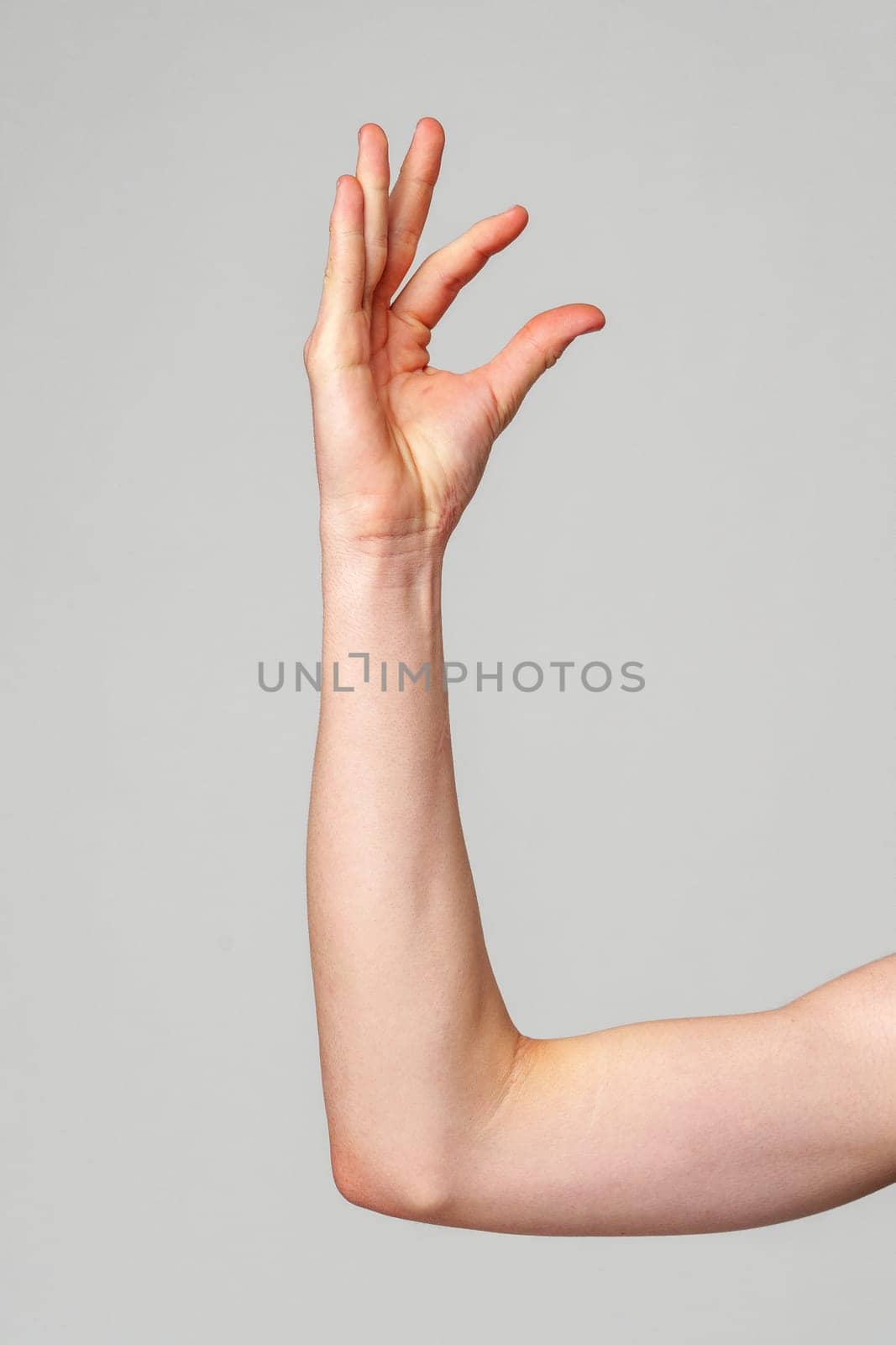 A single human arm is raised, captured in profile with the elbow bent and the hand slightly curved. The arms soft lighting emphasizes its form against the plain, unadorned backdrop.