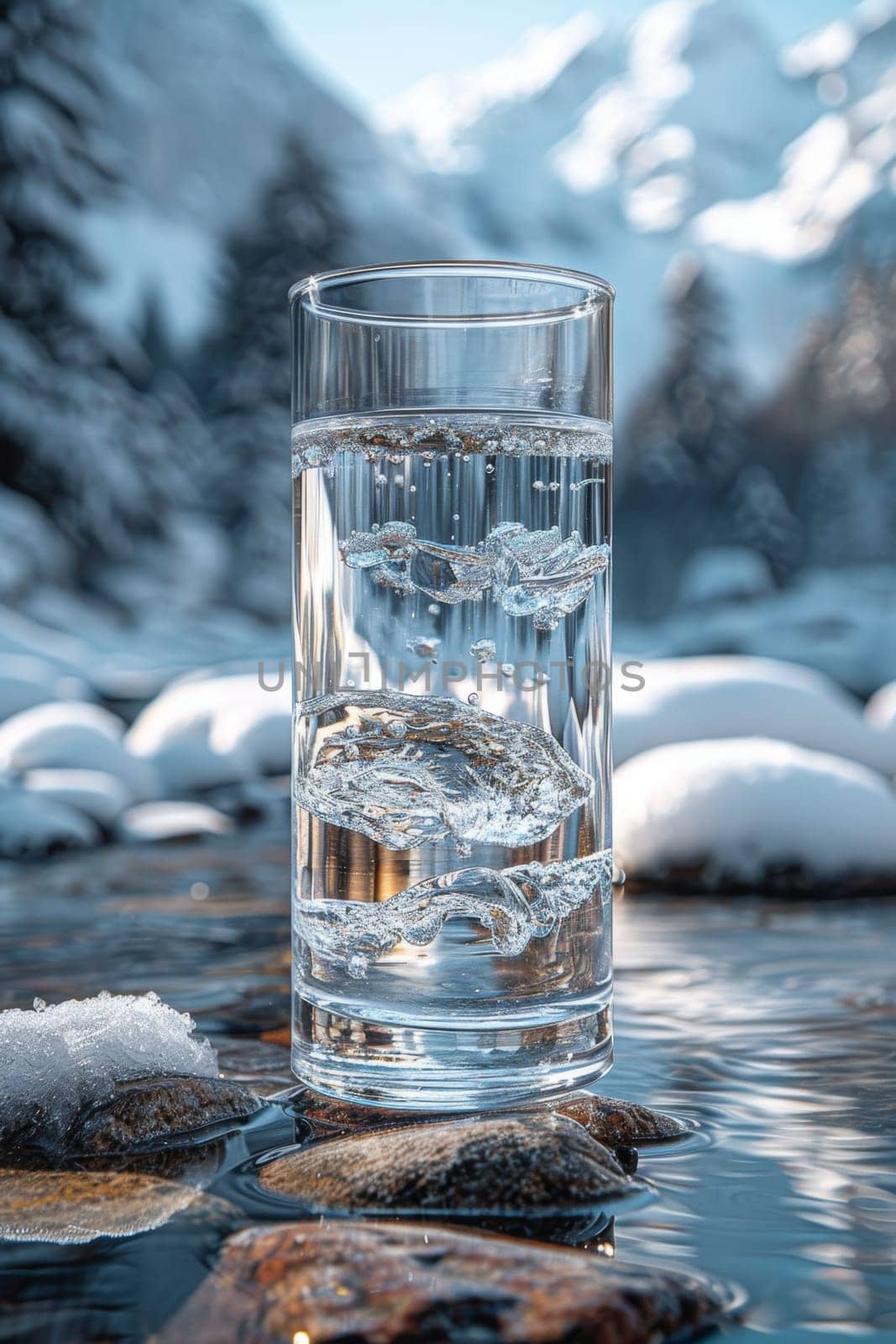 A transparent glass glass with drinking mountain water on the background of snow-capped mountains. The concept of drinking mineral water by Lobachad