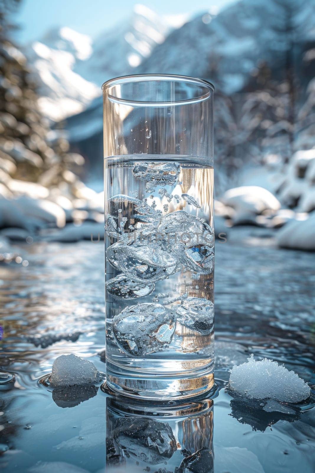 A transparent glass glass with drinking mountain water on the background of snow-capped mountains. The concept of drinking mineral water.