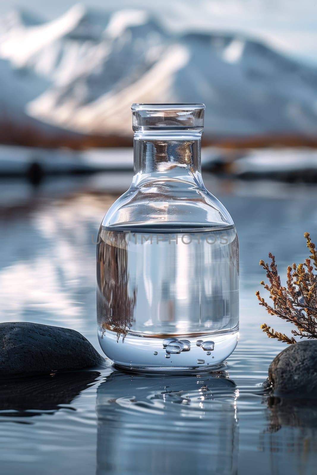 A transparent glass glass with drinking mountain water on the background of snow-capped mountains. The concept of drinking mineral water.