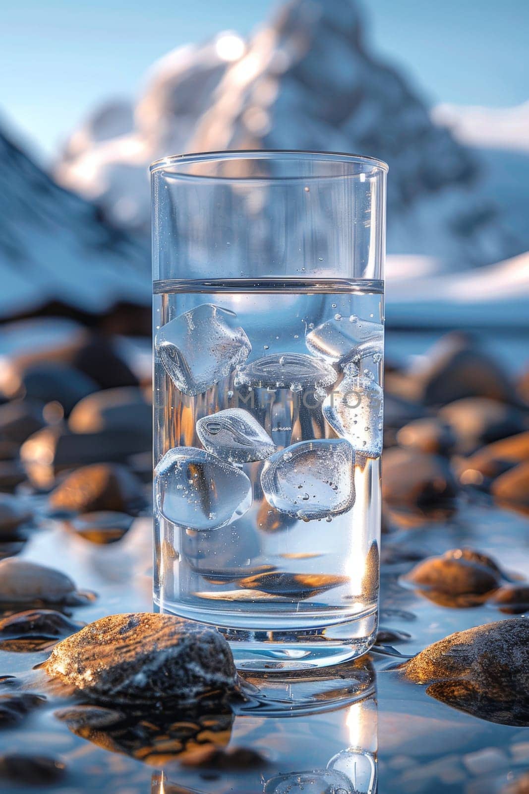 A transparent glass glass with drinking mountain water on the background of snow-capped mountains. The concept of drinking mineral water.