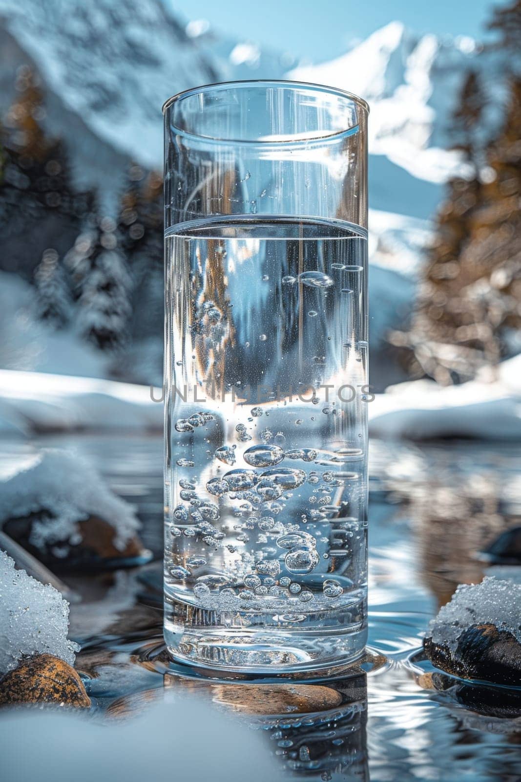 A transparent glass glass with drinking mountain water on the background of snow-capped mountains. The concept of drinking mineral water by Lobachad