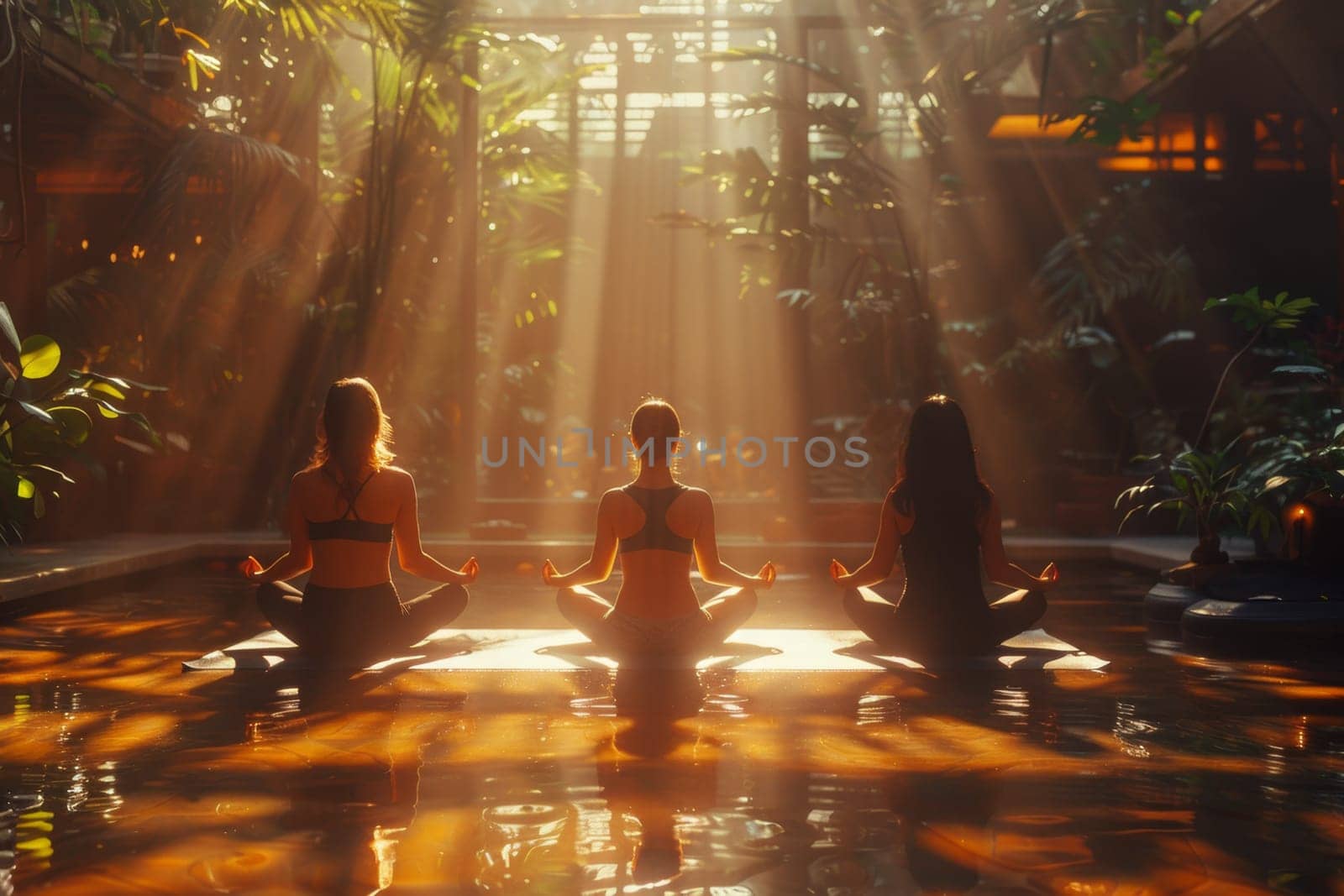 A group of young girls practicing yoga in the sunlight perform Padmasana exercises, lotus position.