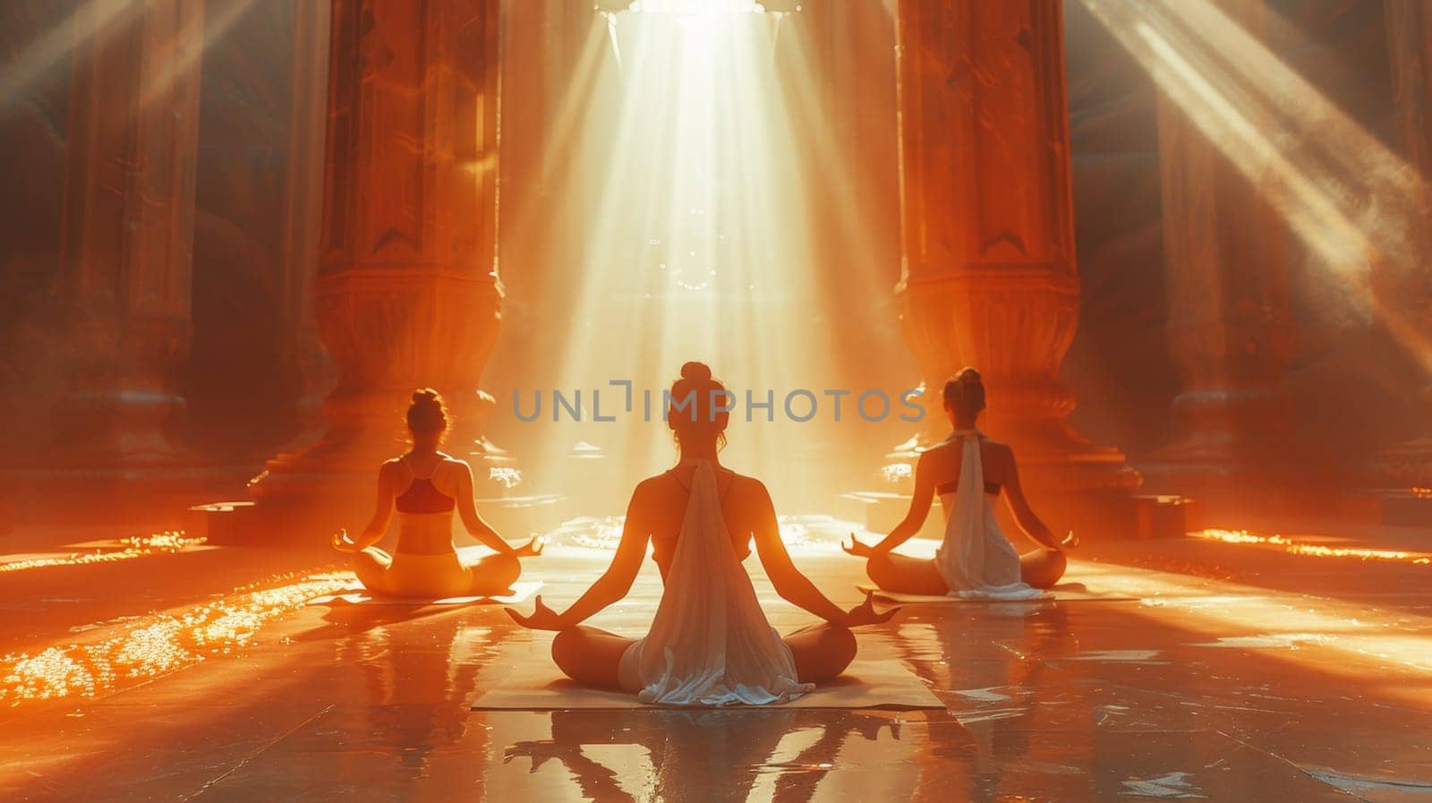 A group of young girls practicing yoga in the sunlight perform Padmasana exercises, lotus position by Lobachad