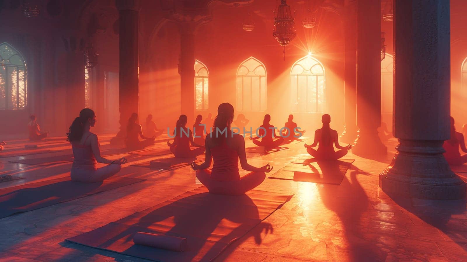 A group of young girls practicing yoga in the sunlight perform Padmasana exercises, lotus position.