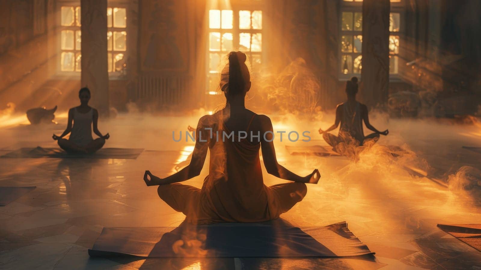 A group of young girls practicing yoga in the sunlight perform Padmasana exercises, lotus position by Lobachad