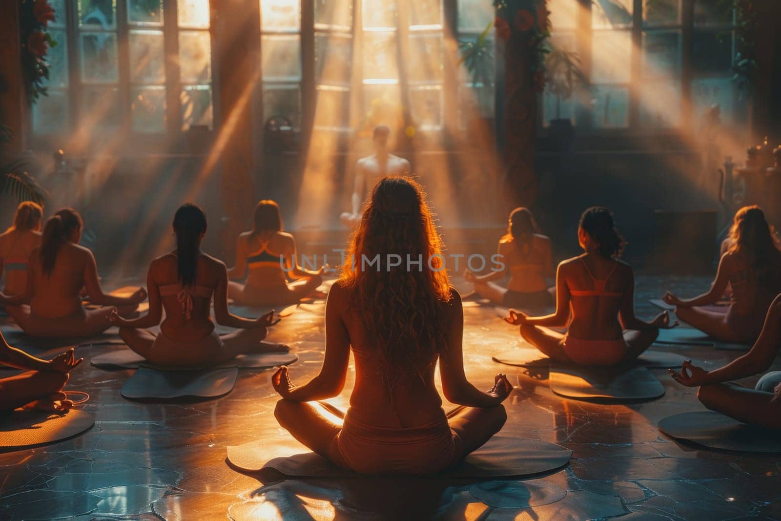 A group of young girls practicing yoga in the sunlight perform Padmasana exercises, lotus position.