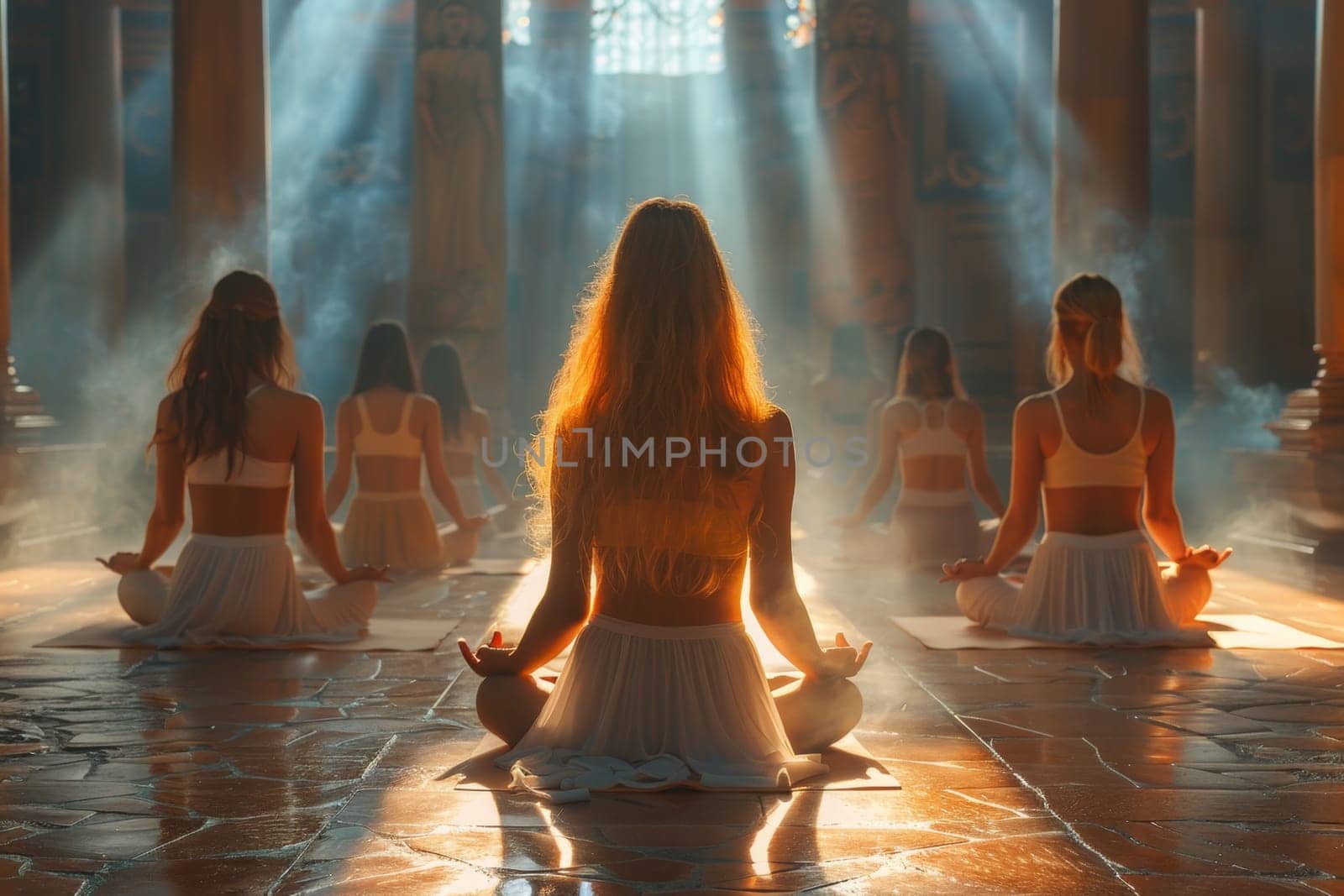 A group of young girls practicing yoga in the sunlight perform Padmasana exercises, lotus position.