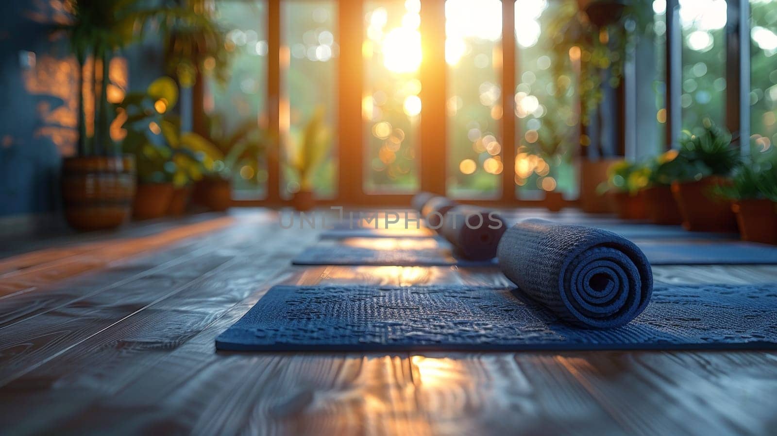 Yoga mats are spread out on the wooden floor in the room. International Yoga Day.