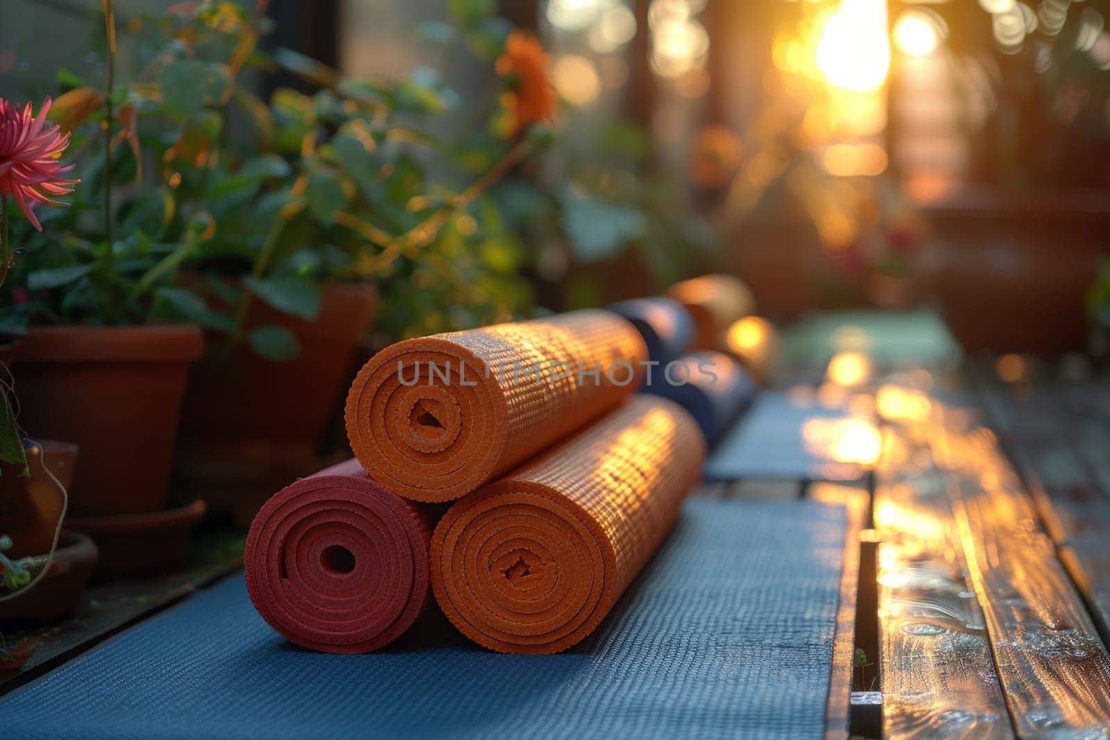 There is a set of yoga mats on the wooden floor in the room. International Yoga Day.