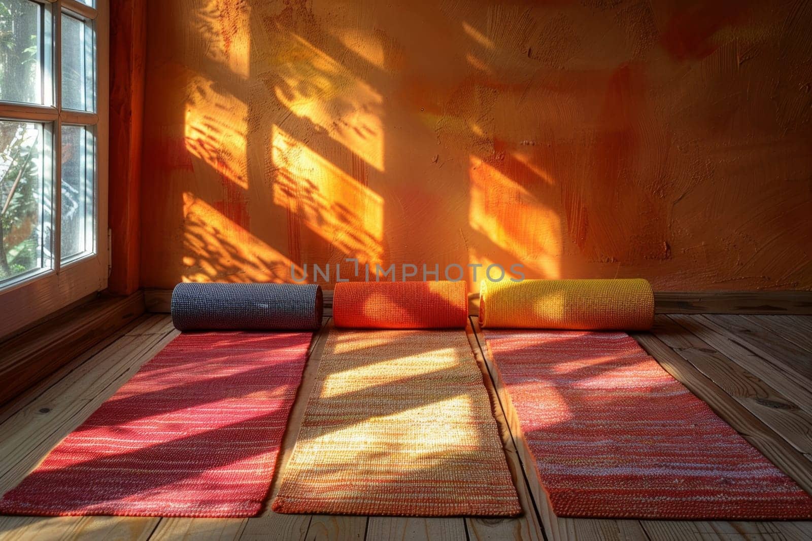 Yoga mats are spread out on the wooden floor in the room. International Yoga Day.