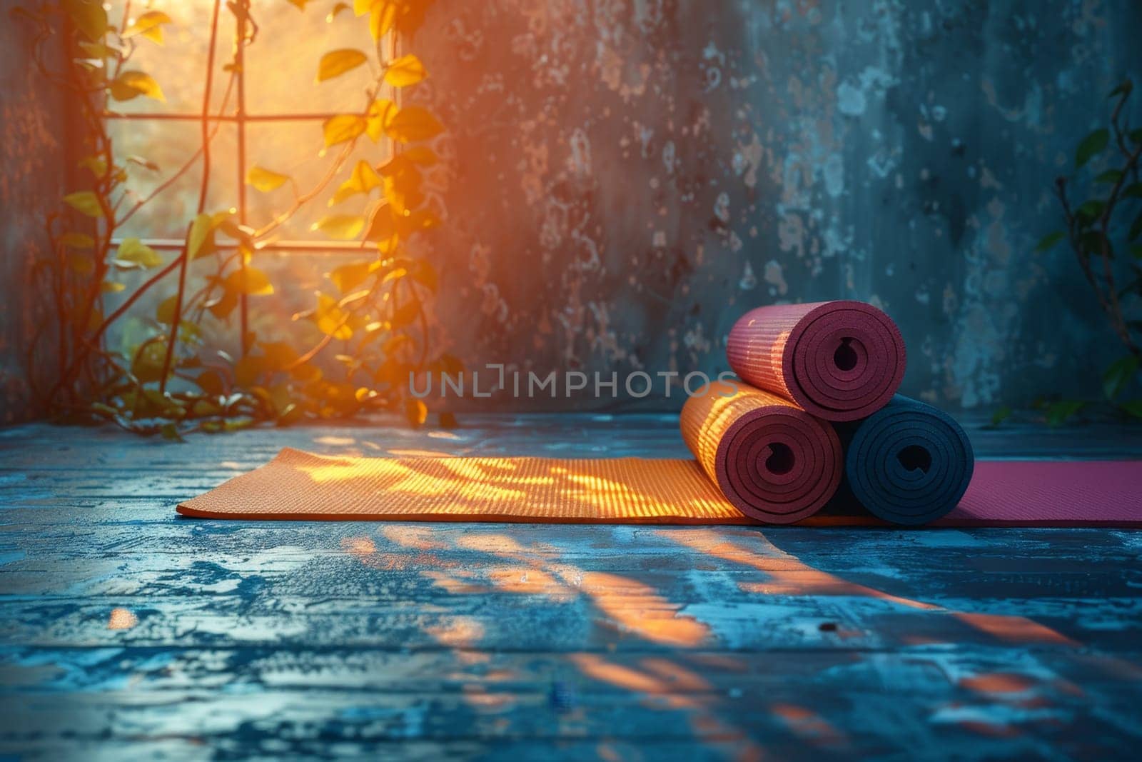 Yoga mats are spread out on the wooden floor in the room. International Yoga Day.