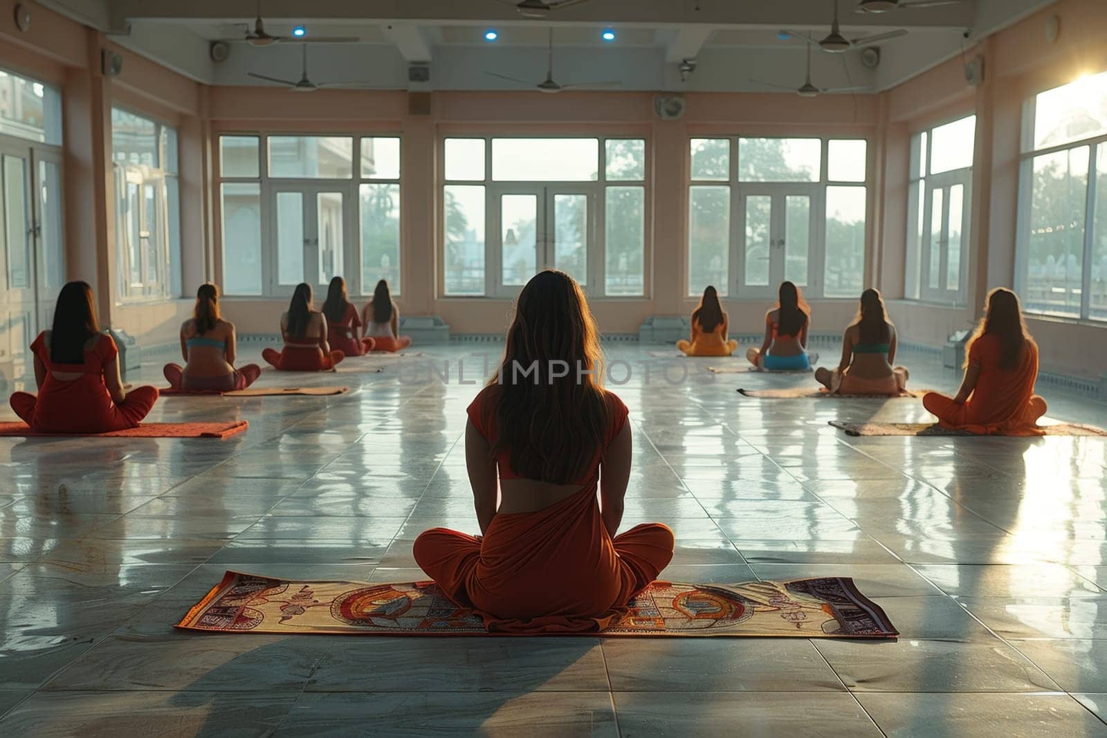 A group of young girls practicing yoga perform Padmasana exercises, lotus position,