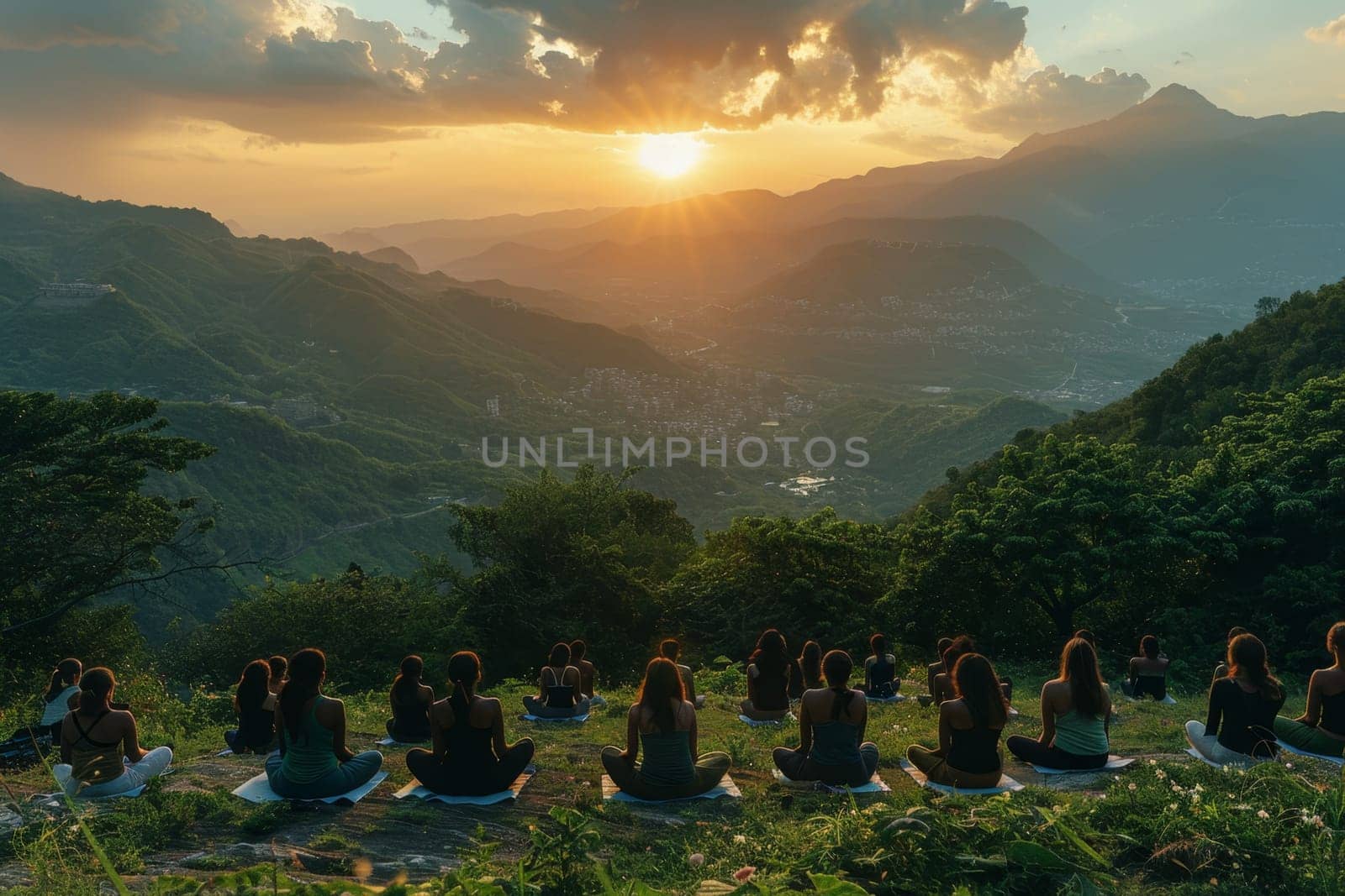 A group of young girls practicing yoga perform Padmasana exercises, lotus position by Lobachad