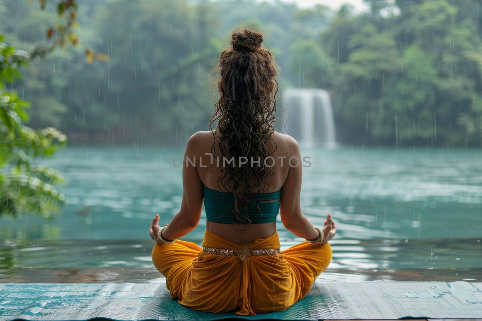 One girl, practicing yoga in the sunlight, performs Padmasana exercises, the lotus position.