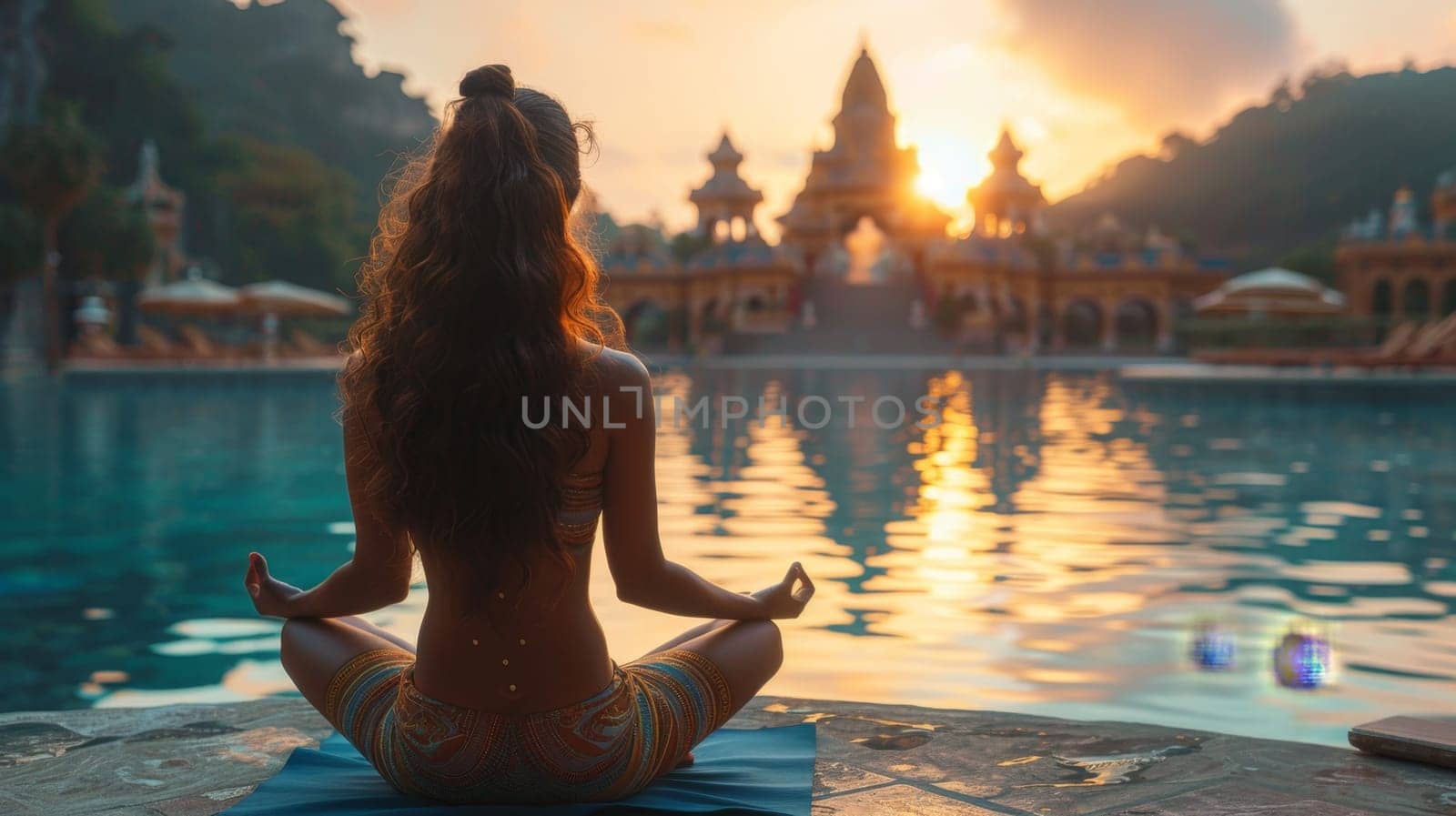 One girl practicing yoga at sunset performs Padmasana exercises, lotus poses.