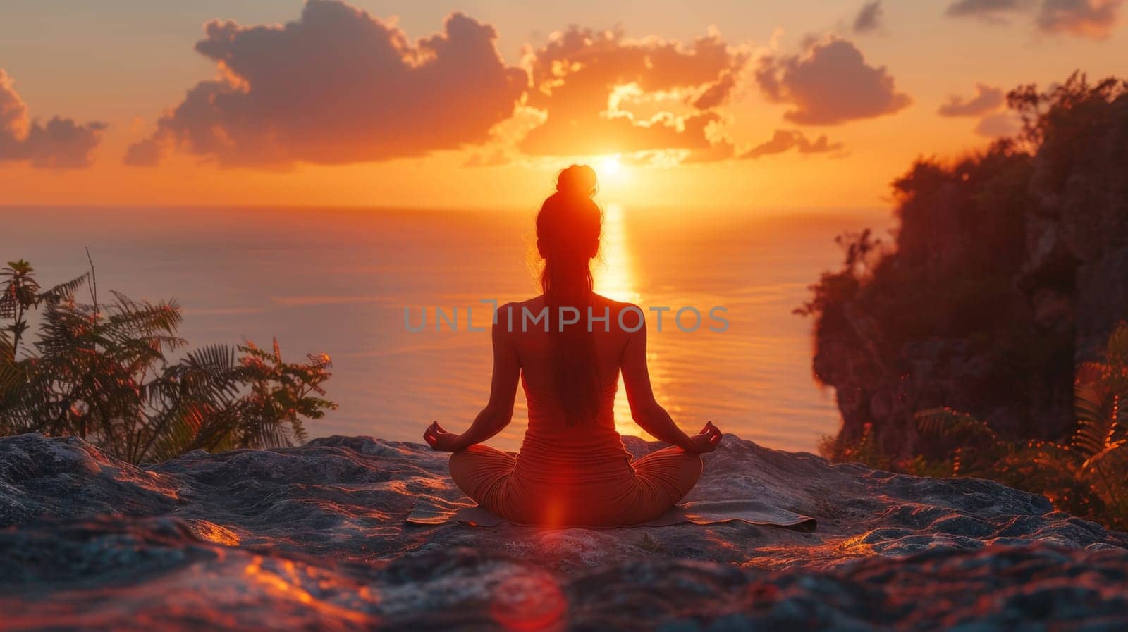 One girl practicing yoga at sunset performs Padmasana exercises, lotus poses.