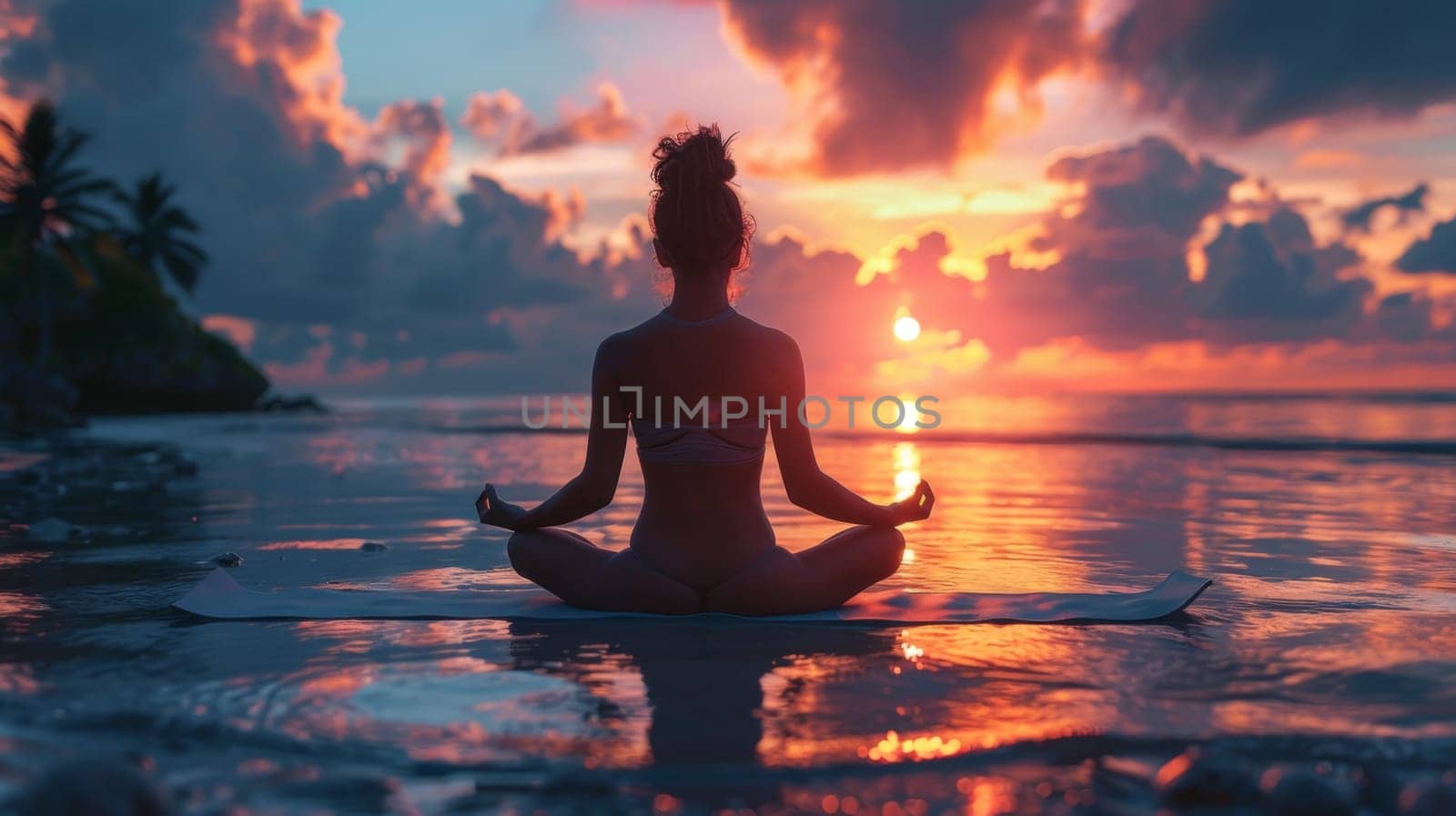 One girl practicing yoga at sunset performs Padmasana exercises, lotus poses by Lobachad