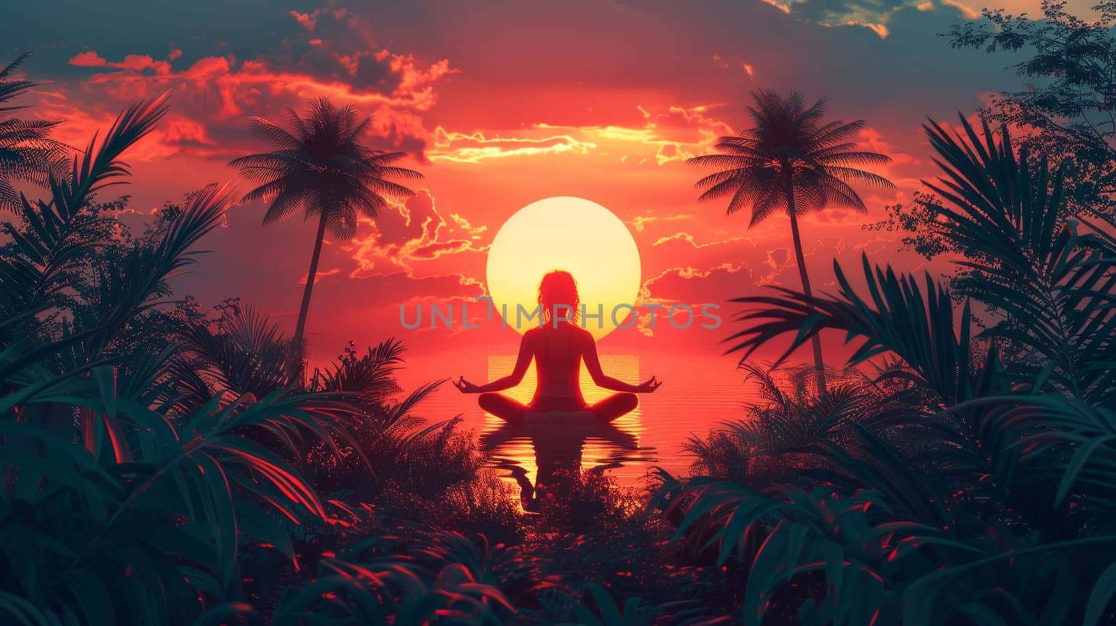One girl practicing yoga at sunset performs Padmasana exercises, lotus poses.