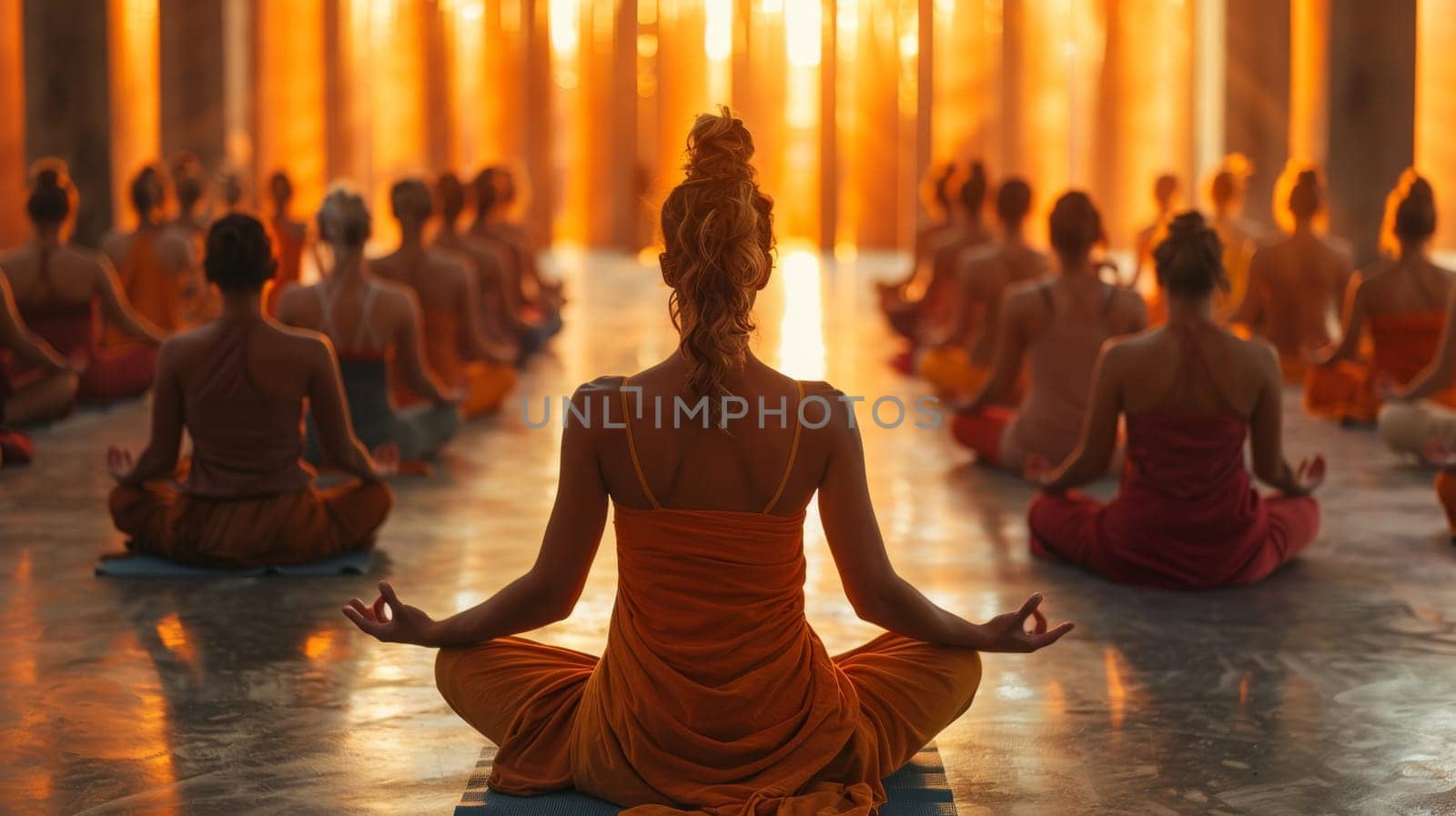 A group of young girls practicing yoga perform Padmasana exercises, lotus position,