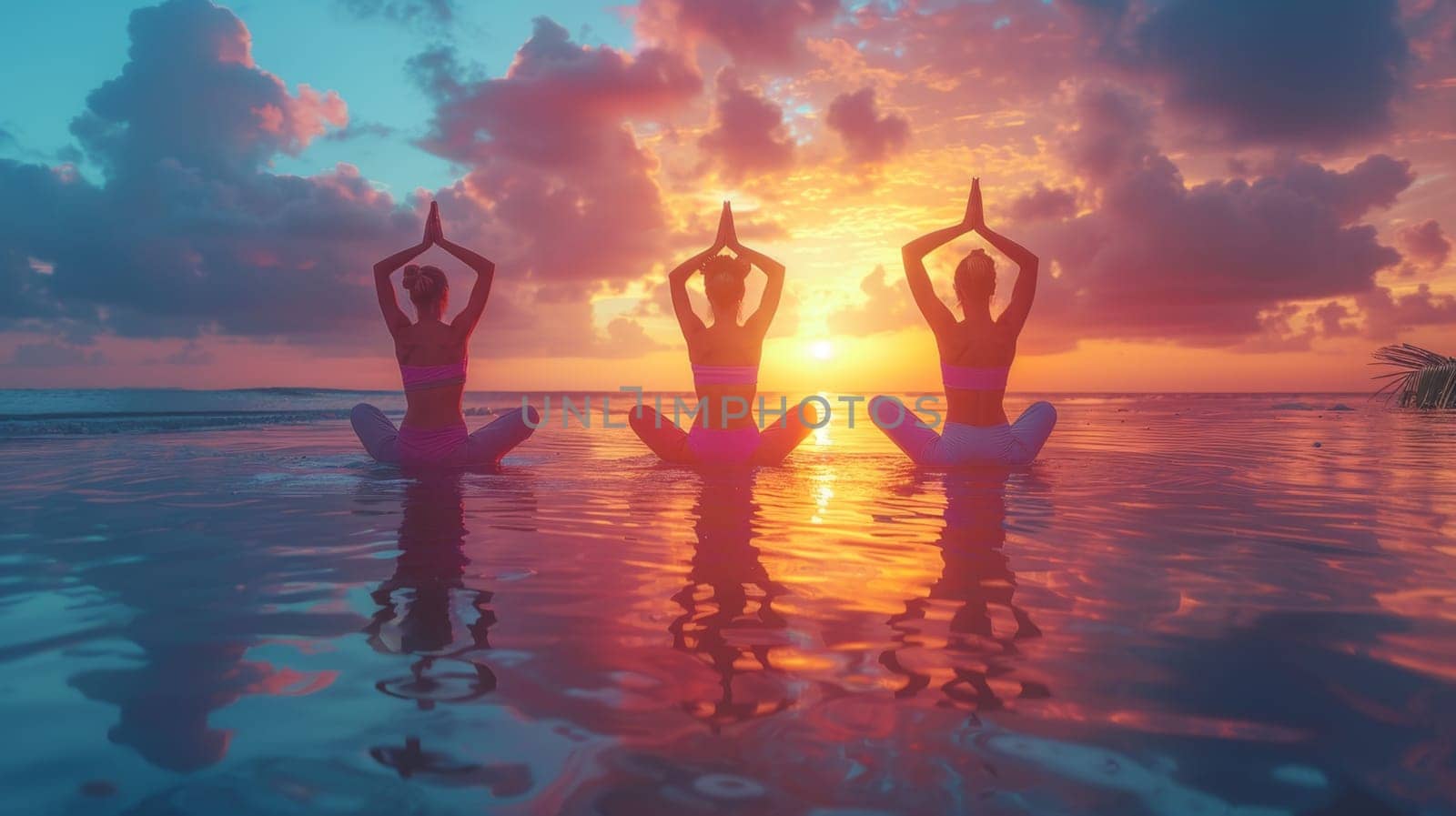 A group of young girls practicing yoga perform Padmasana exercises, lotus position by Lobachad