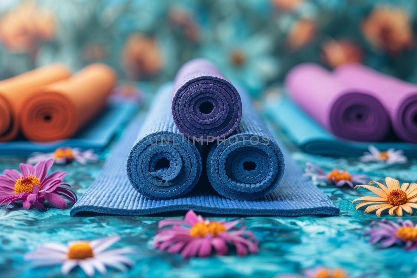 There is a set of yoga mats on the wooden floor in the room. International Yoga Day.