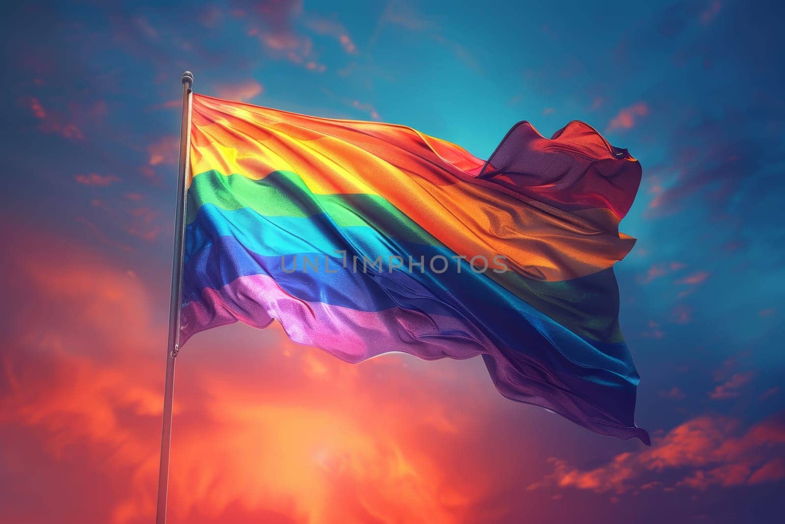 A rainbow LGBT flag flies against a blue sky.