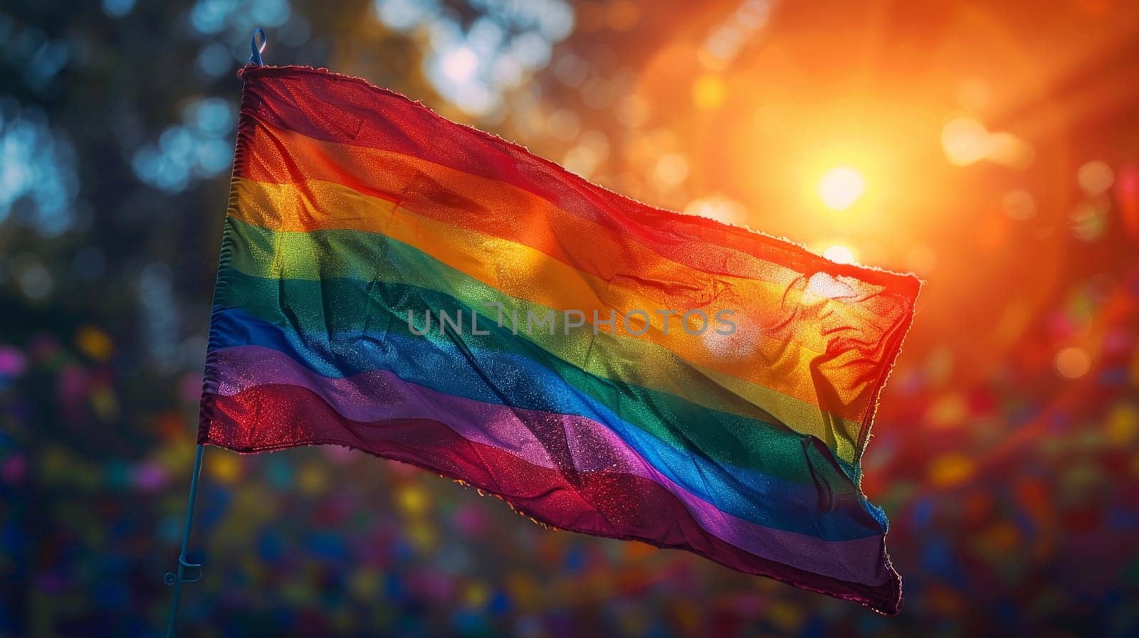 A rainbow LGBT flag against the backdrop of the sunset.