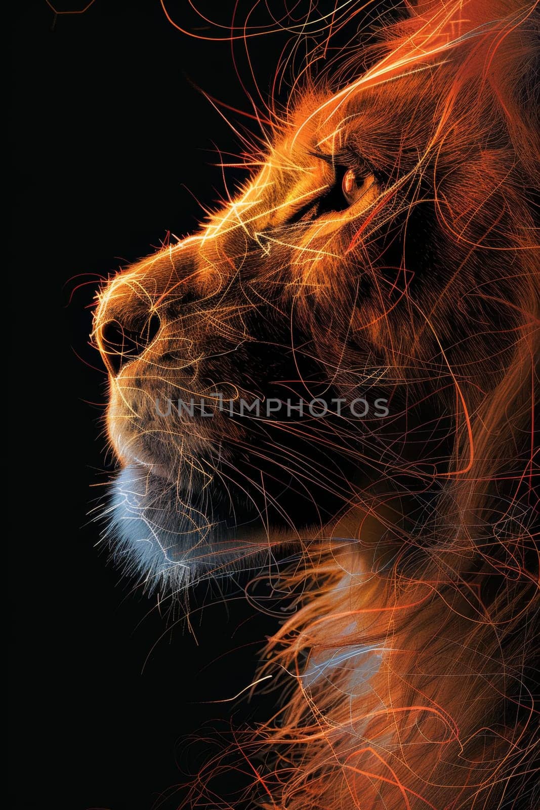 portrait of a lion's head on a black background. The illustration.