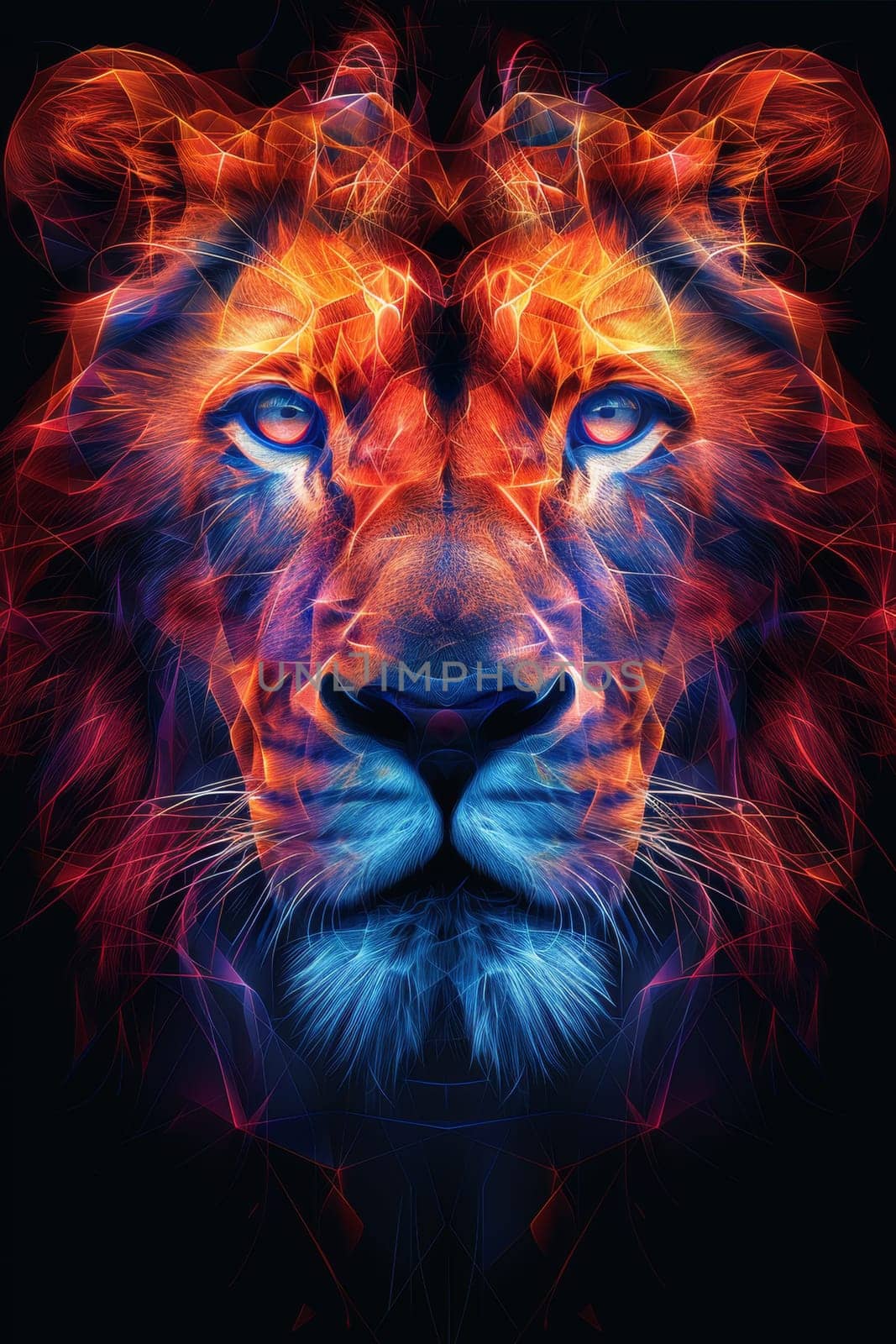 portrait of a lion's head on a black background. The illustration by Lobachad