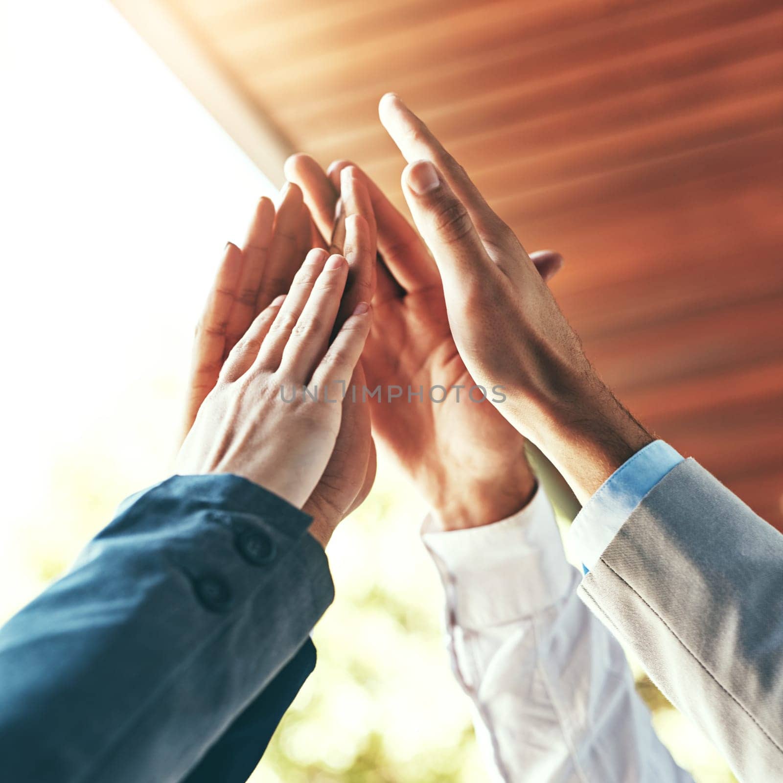 High five, people and hands for collaboration, success and celebration for work achievement, goal and job well done. Trust, partnership and winner for teamwork, target and motivation or team building by YuriArcurs