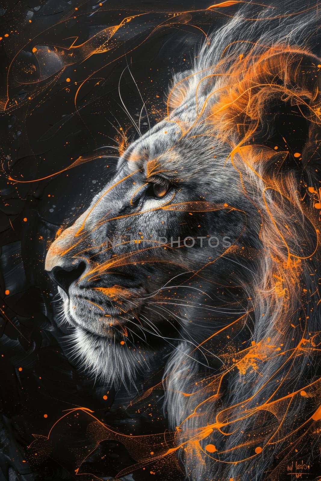 portrait of a lion's head on a black background. The illustration by Lobachad