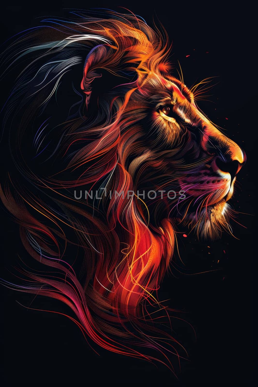 portrait of a lion's head on a black background. The illustration.