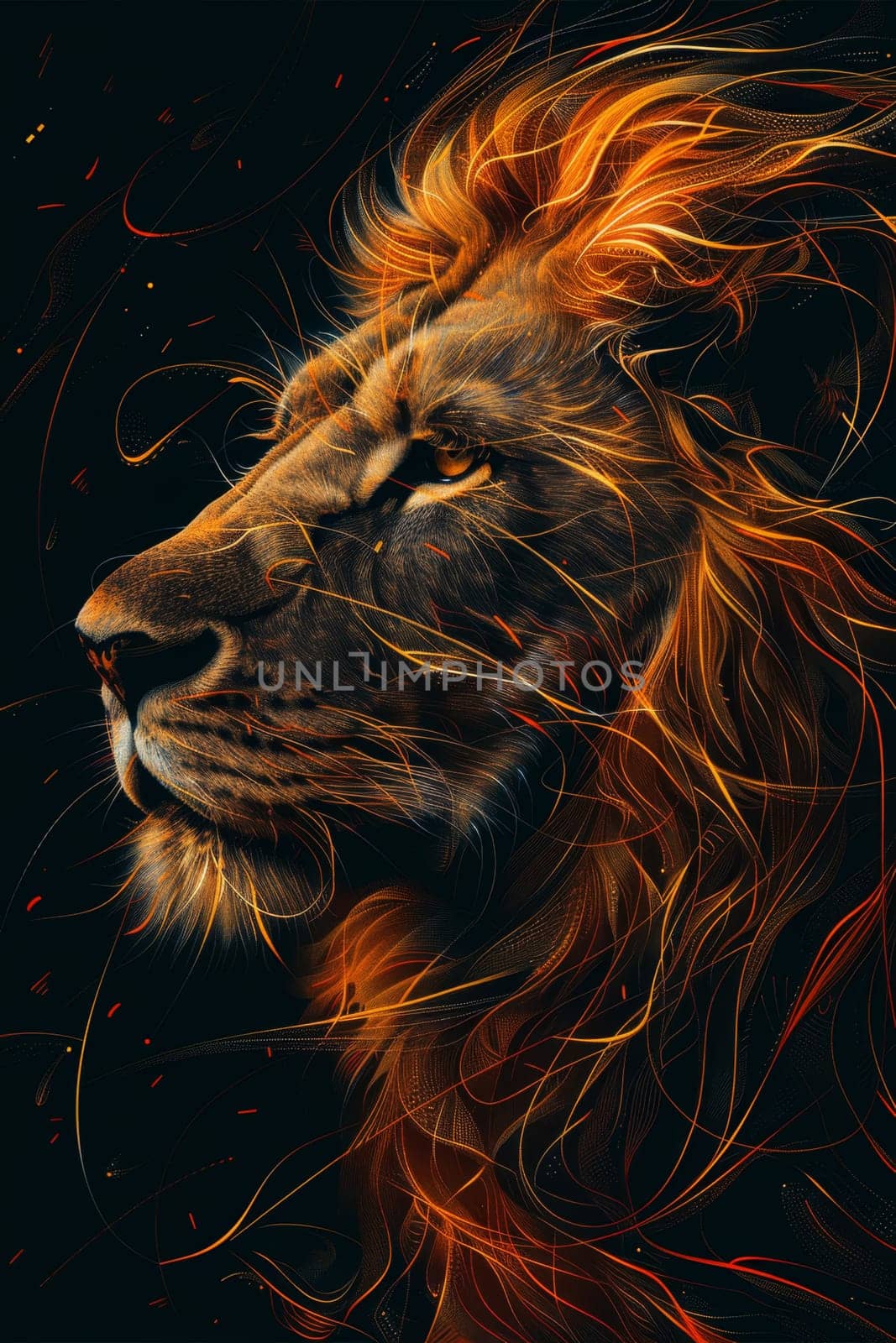 portrait of a lion's head on a black background. The illustration.