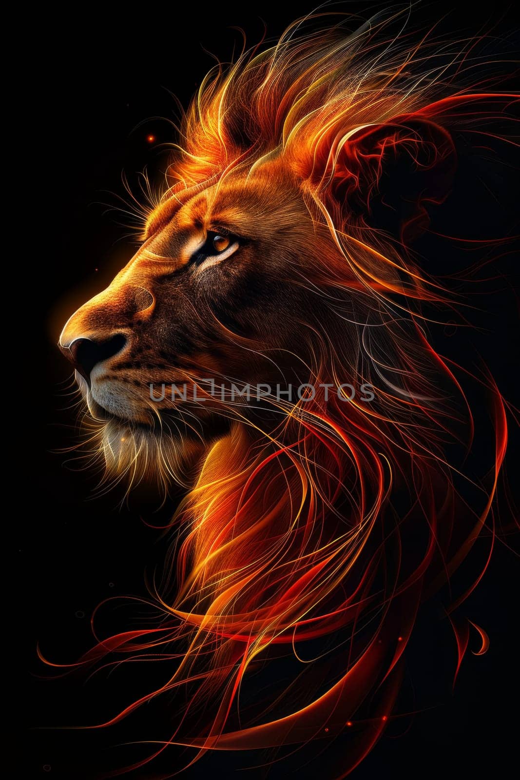 portrait of a lion's head on a black background. The illustration.