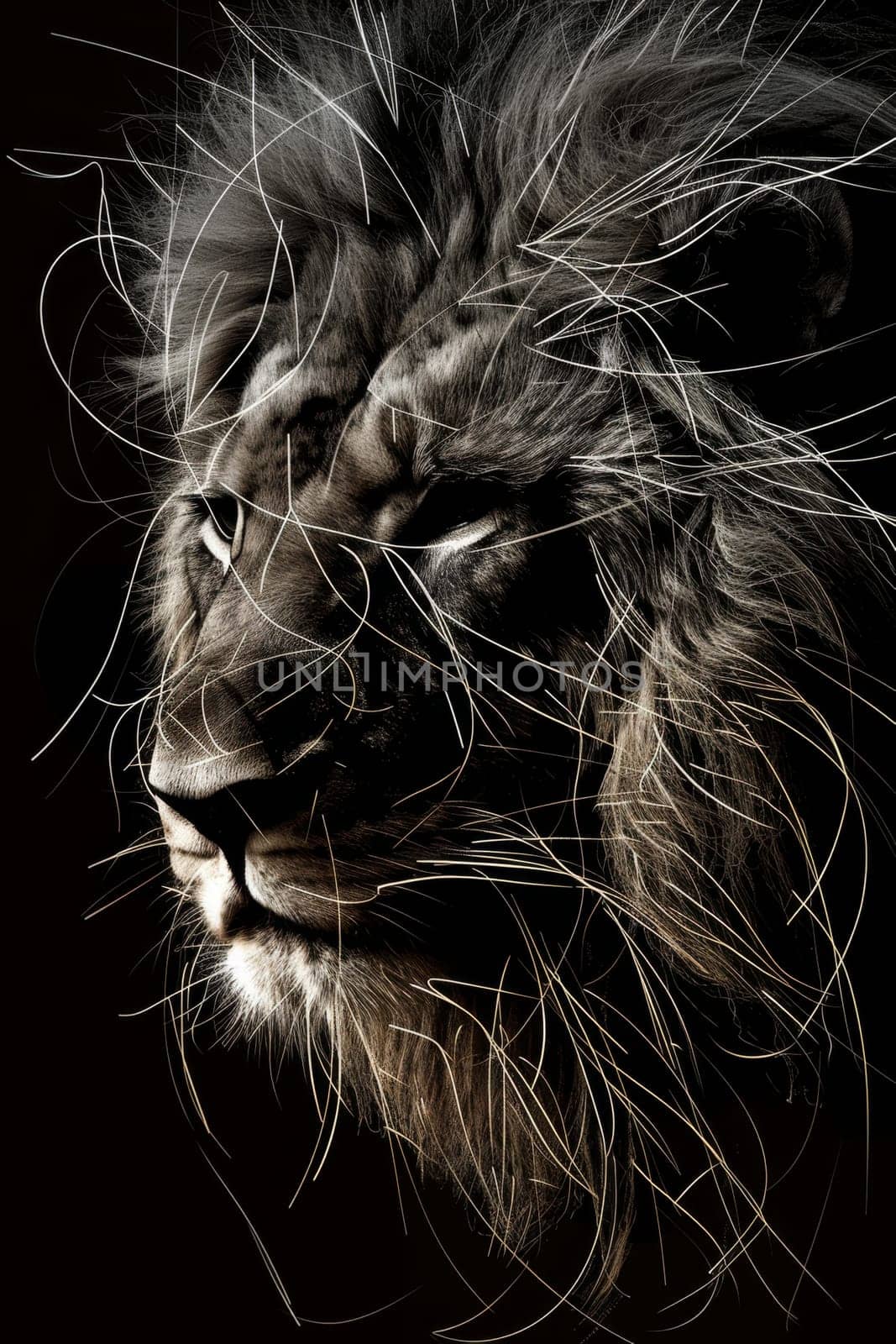 portrait of a lion's head on a black background. The illustration by Lobachad