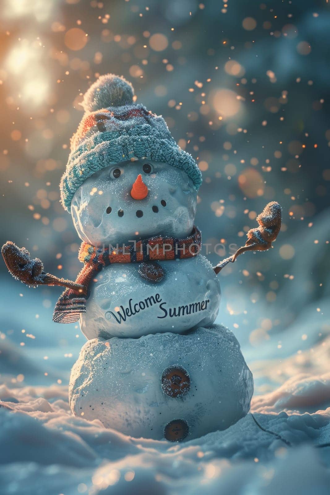 Funny little snowman in nature with the inscription Welcome summer on it.