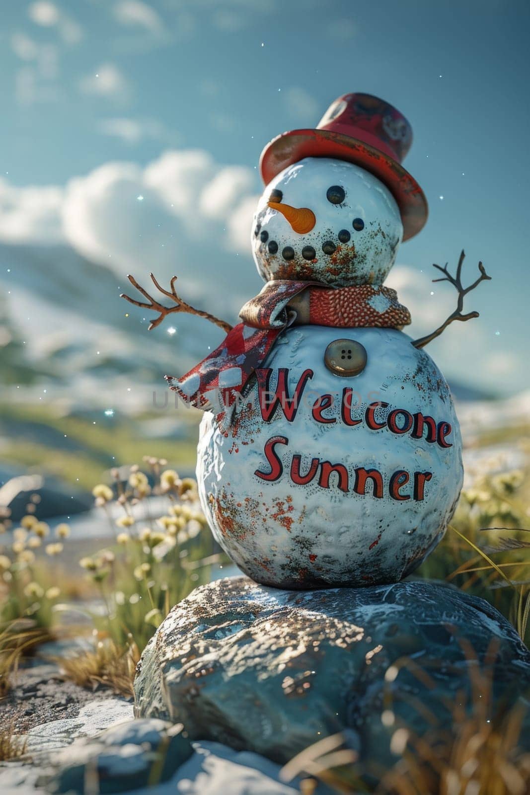 Funny little snowman in nature with the inscription Welcome summer on it by Lobachad
