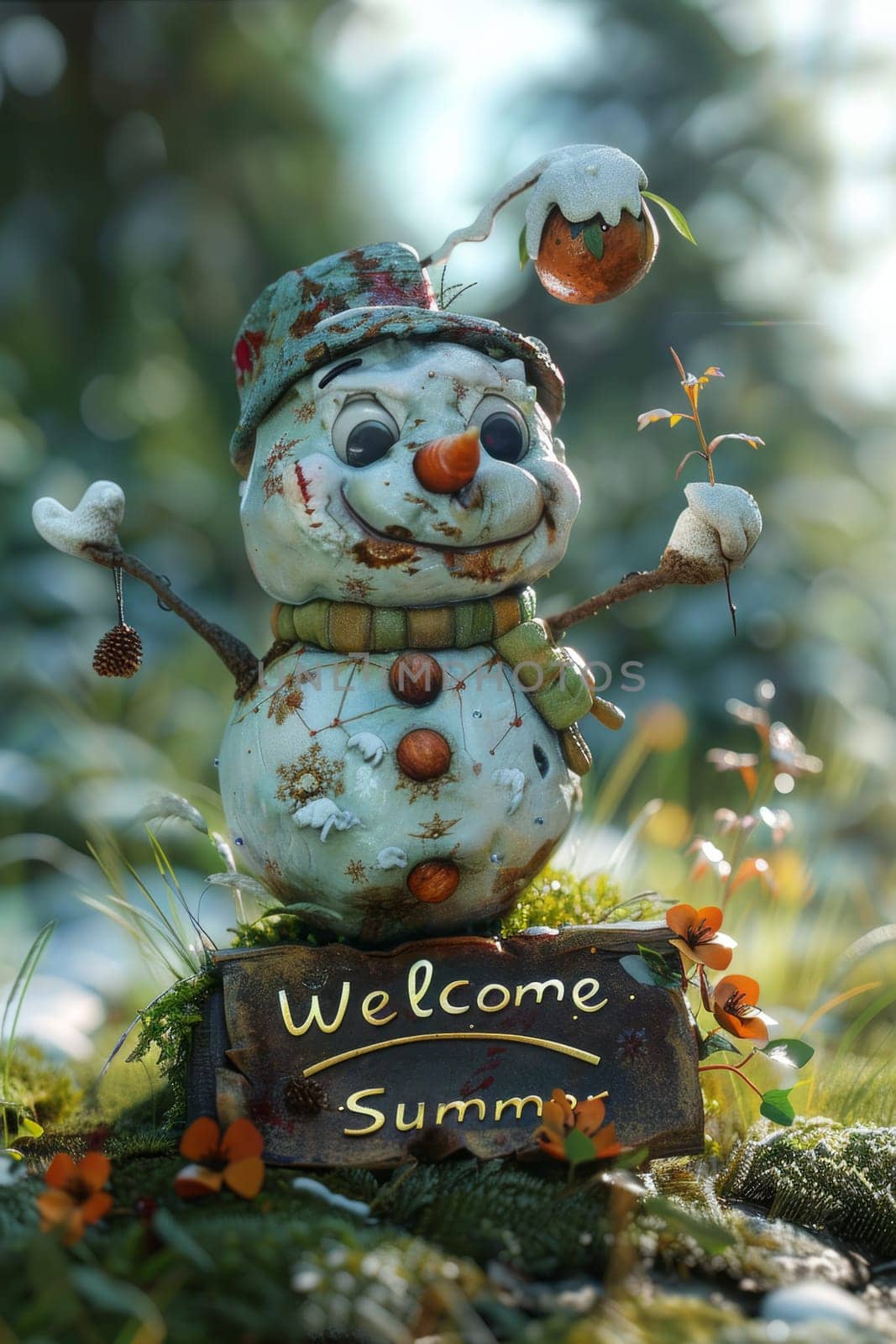 Funny little snowman in nature with the inscription Welcome summer on it.