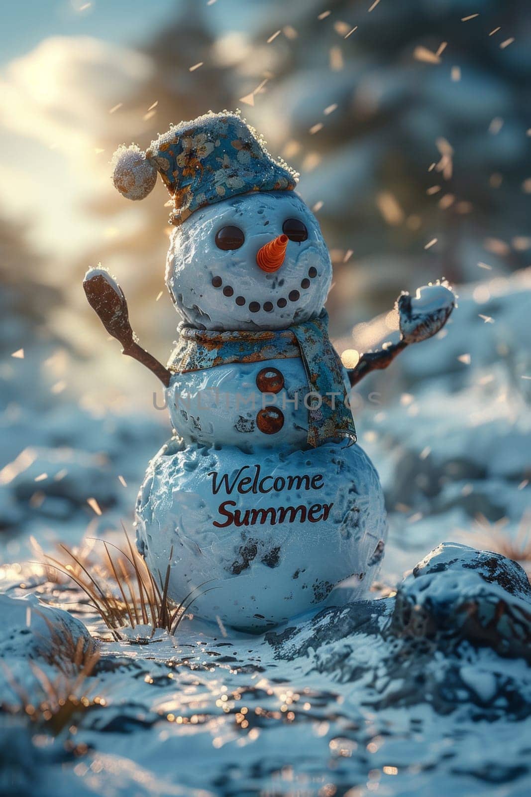 Funny little snowman in nature with the inscription Welcome summer on it.