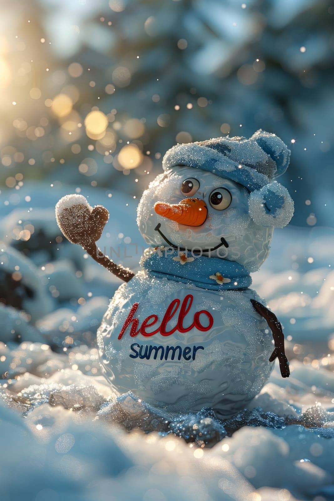 A funny little snowman in nature with the inscription hello summer on it by Lobachad