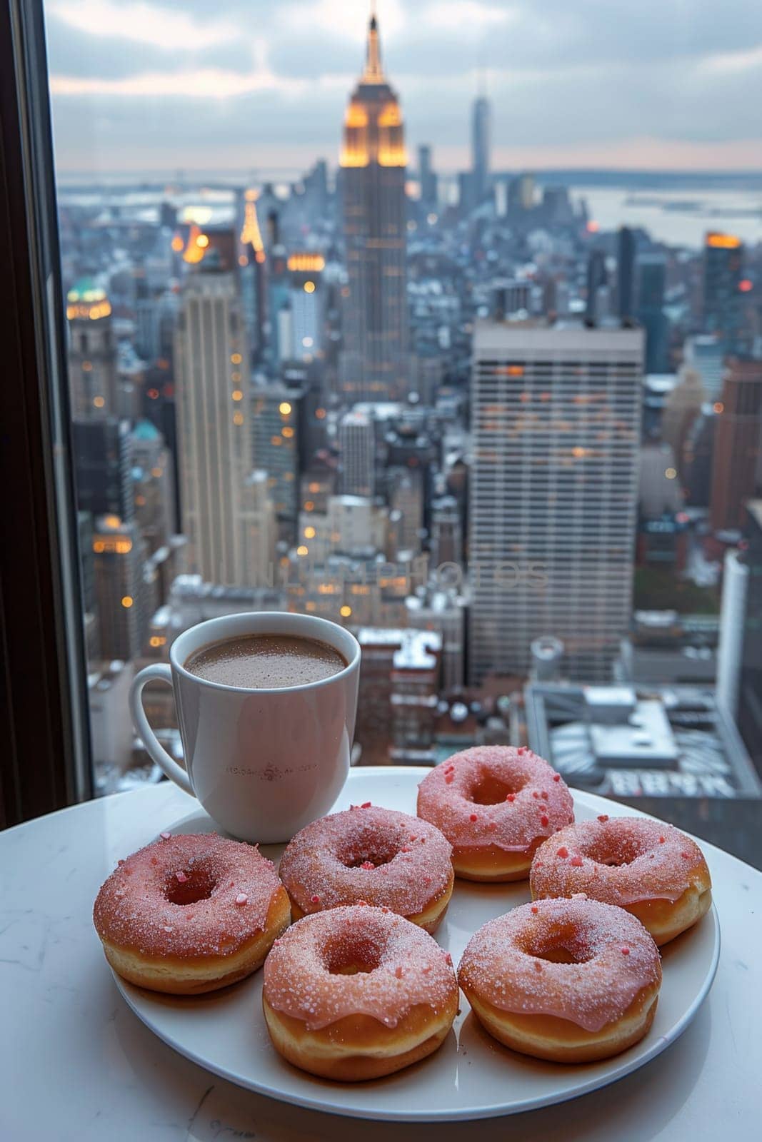A set of doughnuts on a table near a window with the city in the background . National Doughnut Day by Lobachad