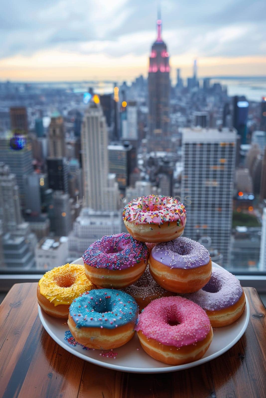 A set of doughnuts on a table near a window with the city in the background . National Doughnut Day.