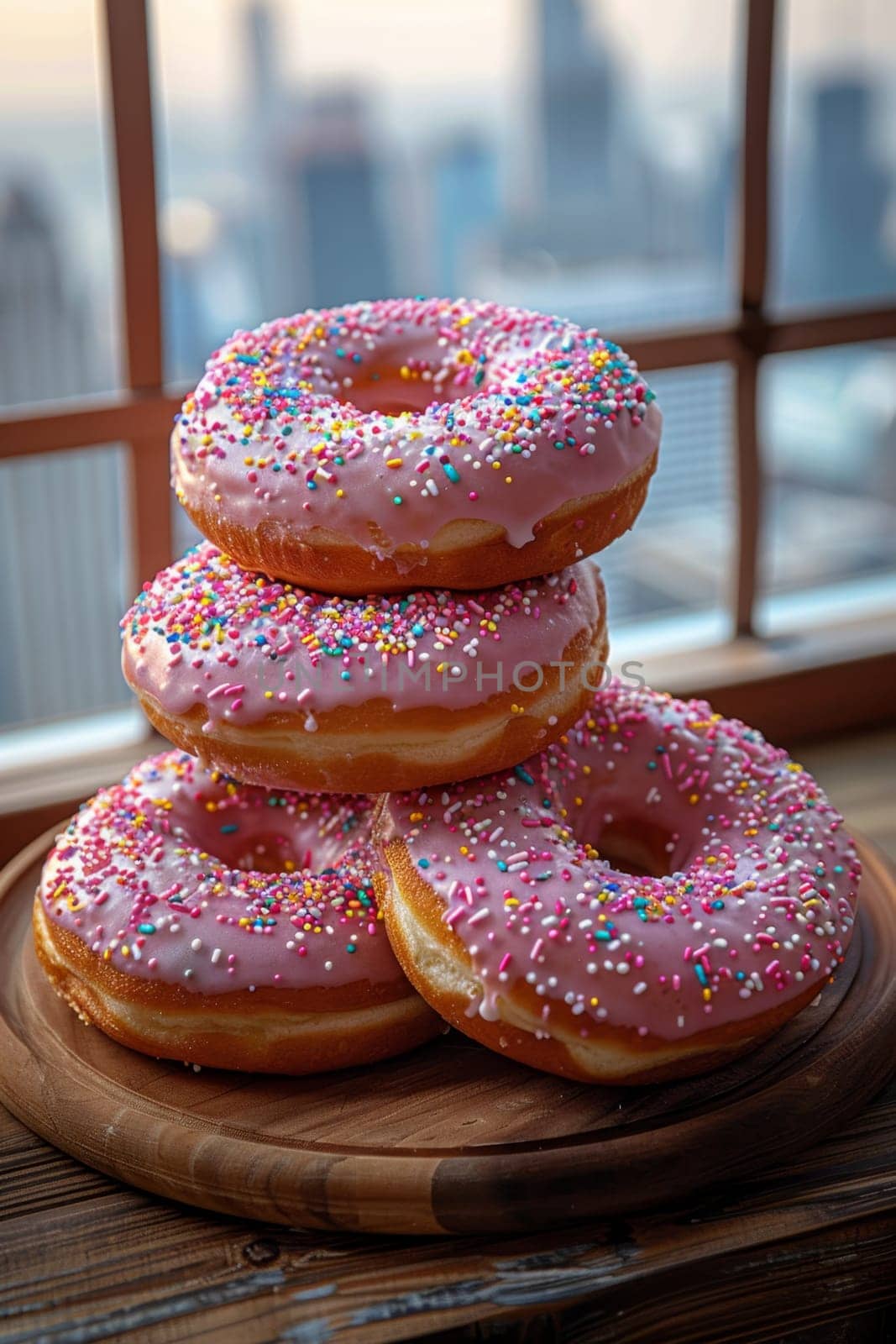 A set of doughnuts on a table near a window with the city in the background . National Doughnut Day.