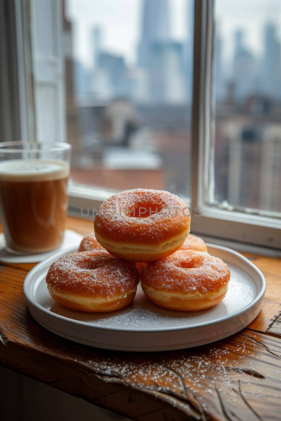 A set of doughnuts on a table near a window with the city in the background . National Doughnut Day by Lobachad