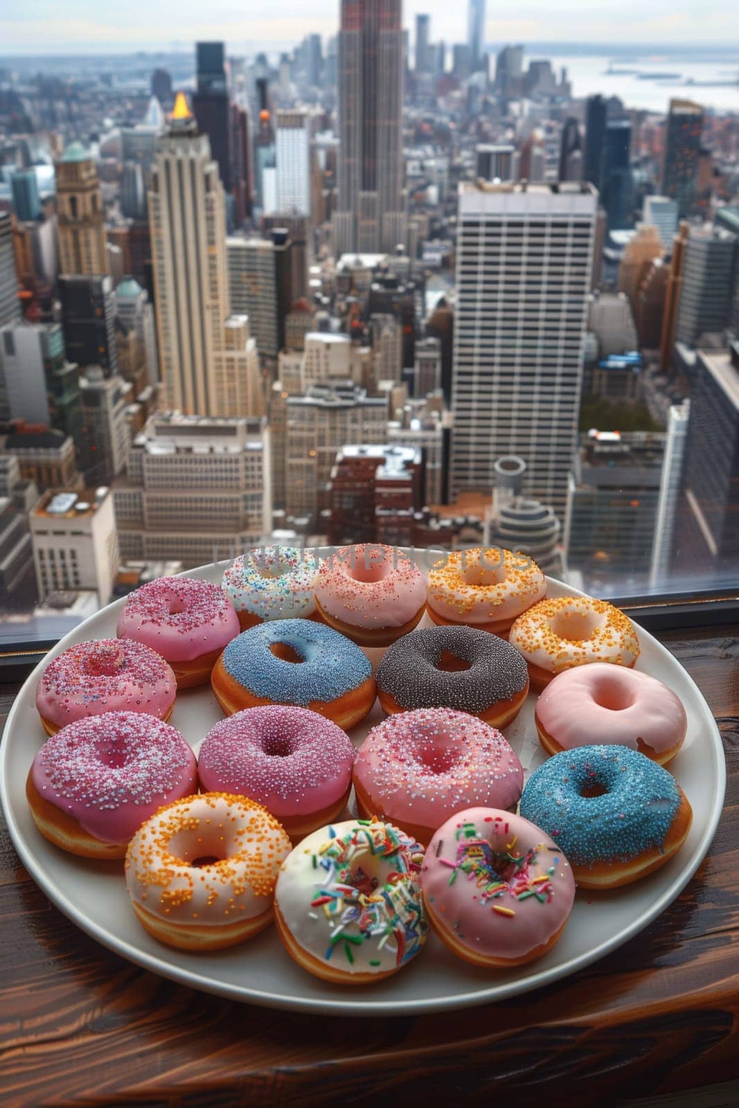 A set of doughnuts on a table near a window with the city in the background . National Doughnut Day by Lobachad