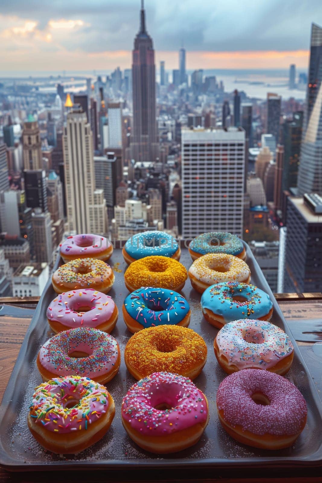 A set of doughnuts on a table near a window with the city in the background . National Doughnut Day by Lobachad