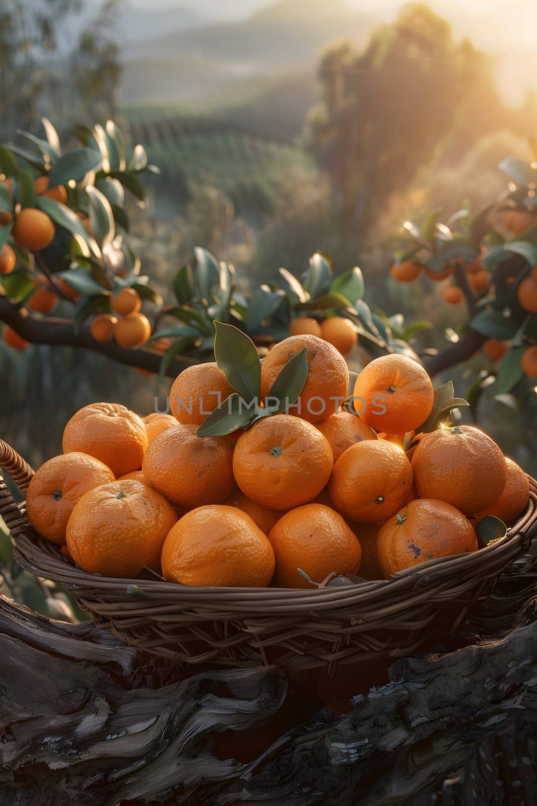 A basket of citrus fruits including Rangpur, Clementine, Bitter orange, Mandarin orange, Valencia orange is placed in front of a citrus tree, showcasing a variety of natural and delicious foods