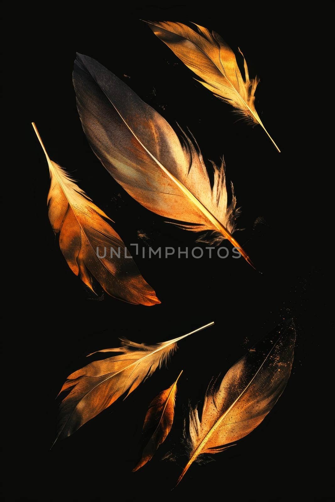 Golden feathers highlighted on a black background.